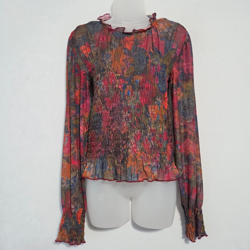Natural Life Juliana Mesh Smocked Top L Multi Floral Ruffle Boho Cottage Whimsy